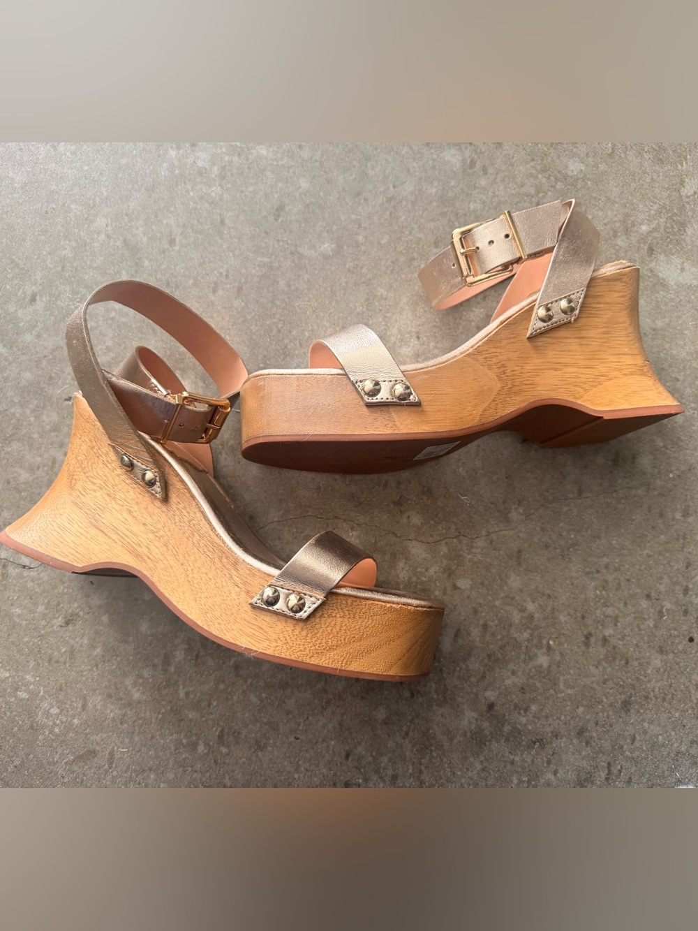Schutz Rose Gold Wood Platform Wedge Sandals 6